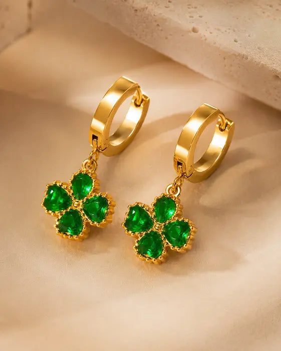 Emerald Clover Zircon Hoop Earrings