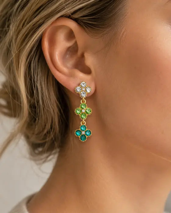 Emerald Bloom Crystal Clover Drop Earrings