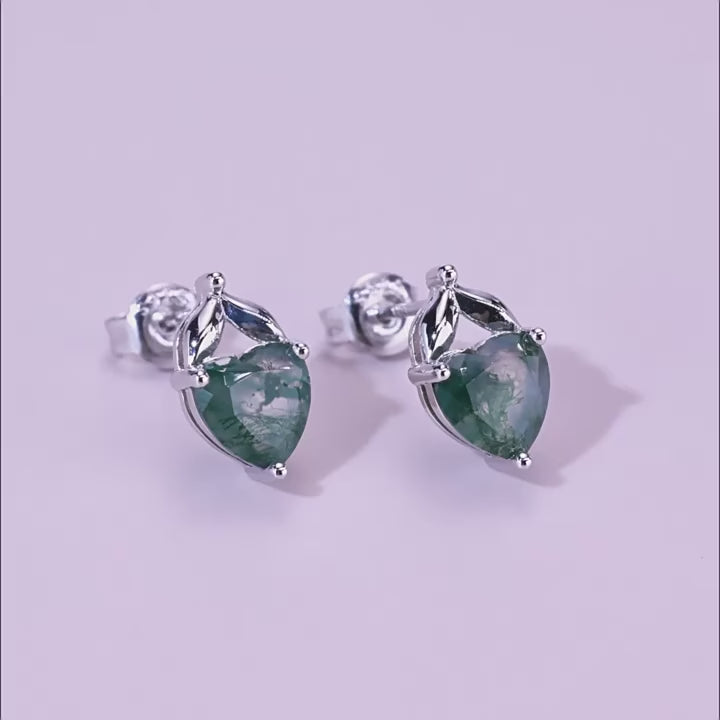 Sylva Moss Agate Heart Stud Earrings