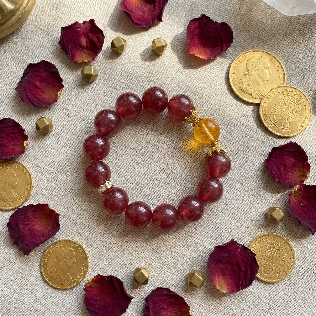 "Crimson Dawn" Authentic Strawberry Quartz & Phantom Crystal Healing Bracelet