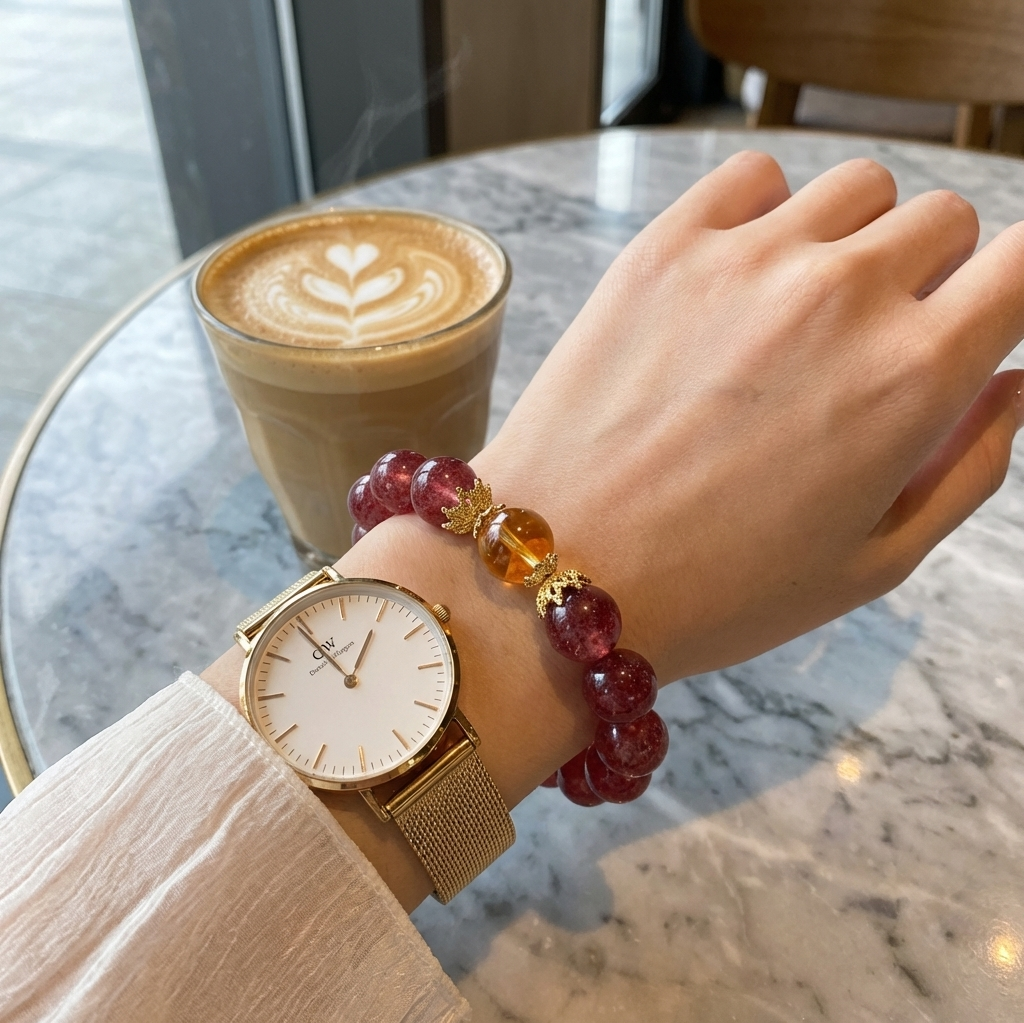 "Crimson Dawn" Authentic Strawberry Quartz & Phantom Crystal Healing Bracelet