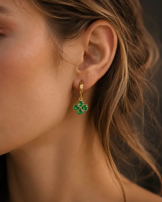 Emerald Clover Zircon Hoop Earrings