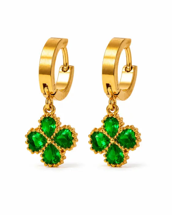 Emerald Clover Zircon Hoop Earrings