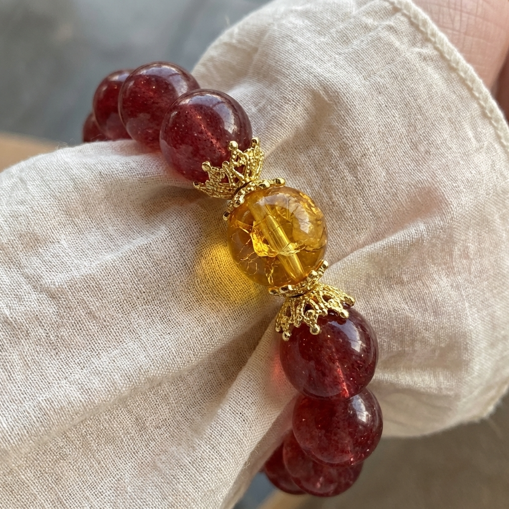 "Crimson Dawn" Authentic Strawberry Quartz & Phantom Crystal Healing Bracelet