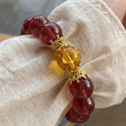 "Crimson Dawn" Authentic Strawberry Quartz & Phantom Crystal Healing Bracelet