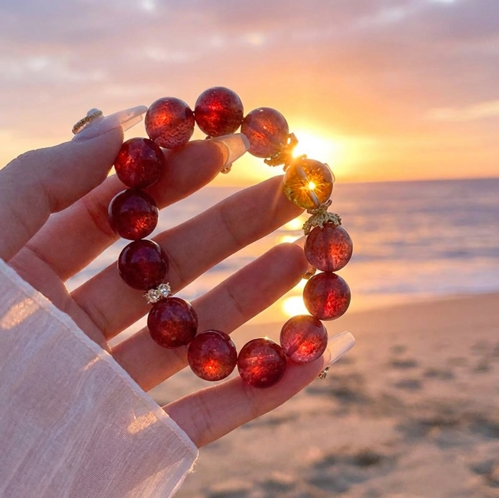 "Crimson Dawn" Authentic Strawberry Quartz & Phantom Crystal Healing Bracelet