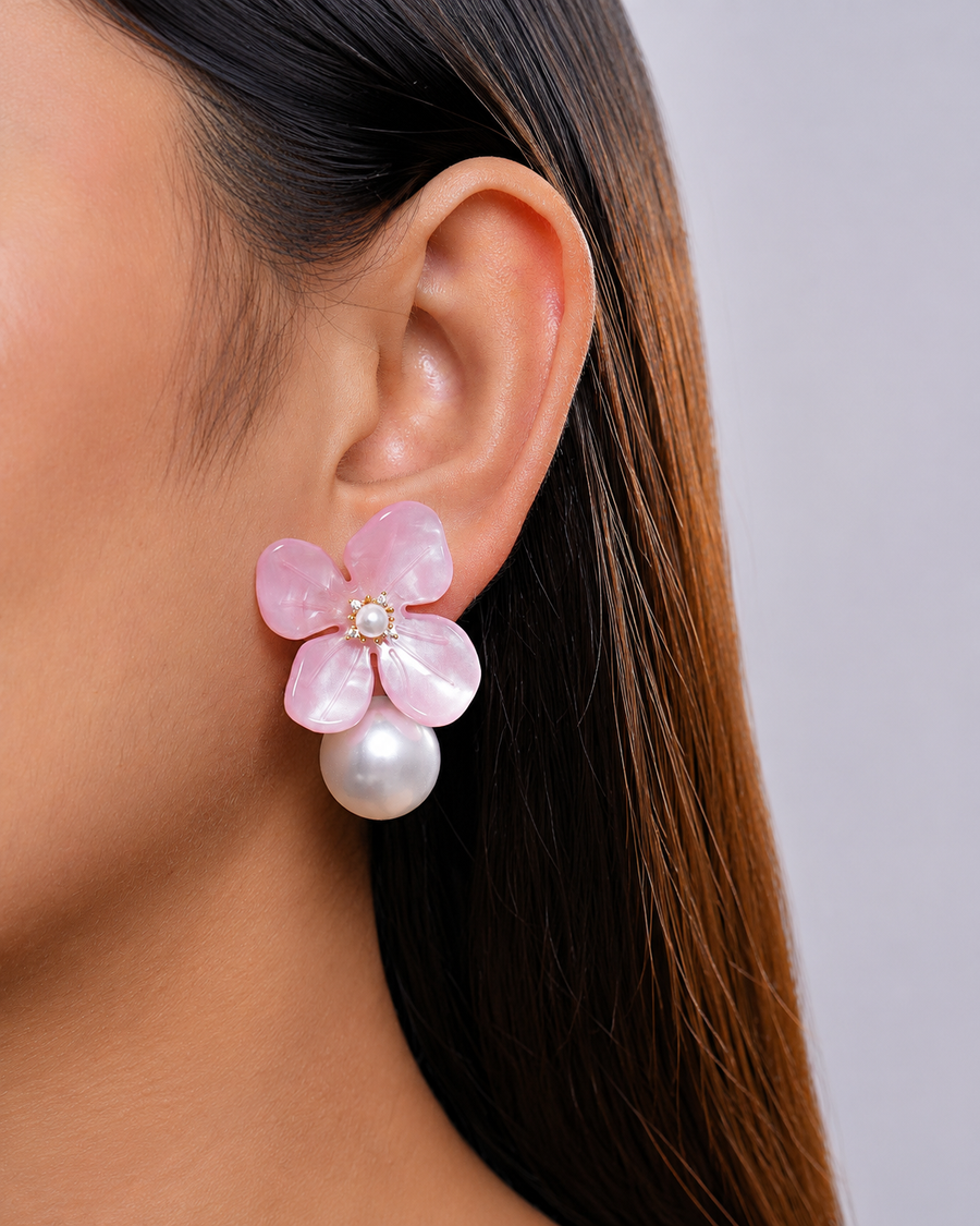 Camille Enamel Flower Pearl Earrings
