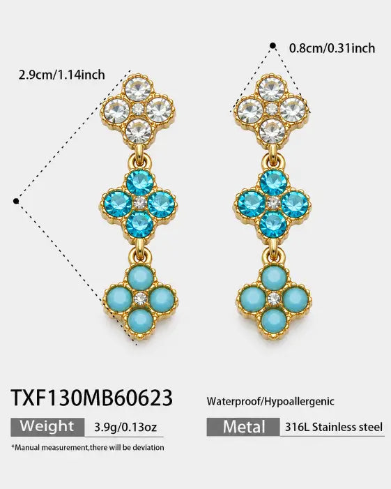 Aqua Bloom Crystal Clover Drop Earrings