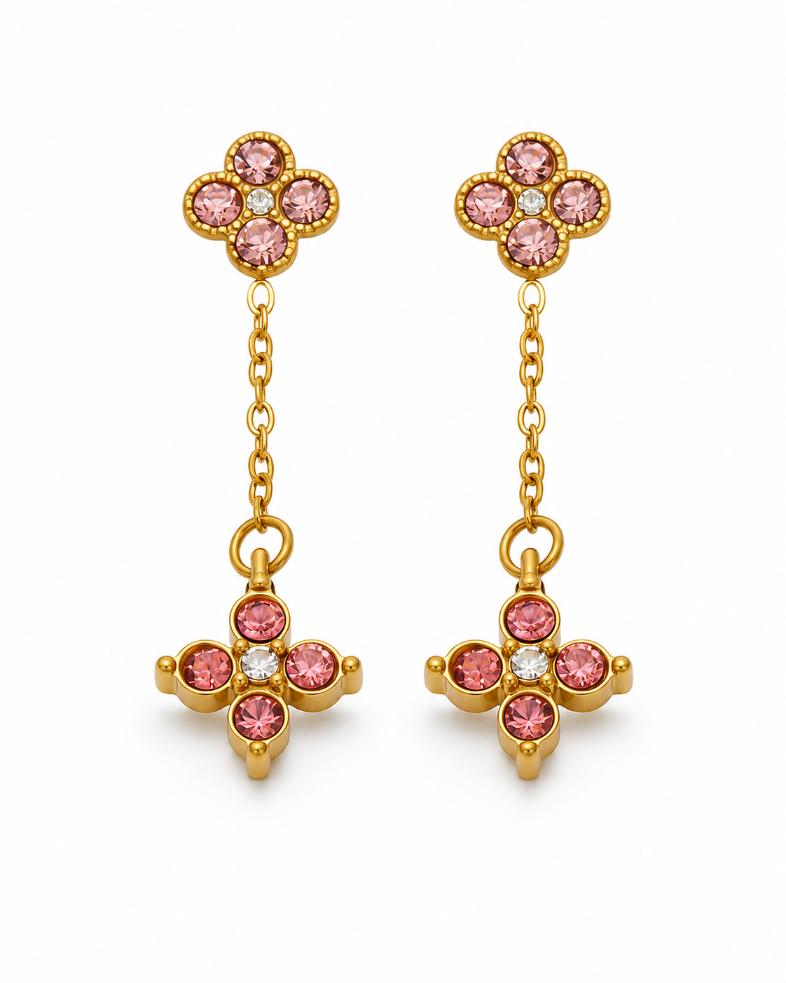 Pink / Gold Celeste Clover Drop Earrings