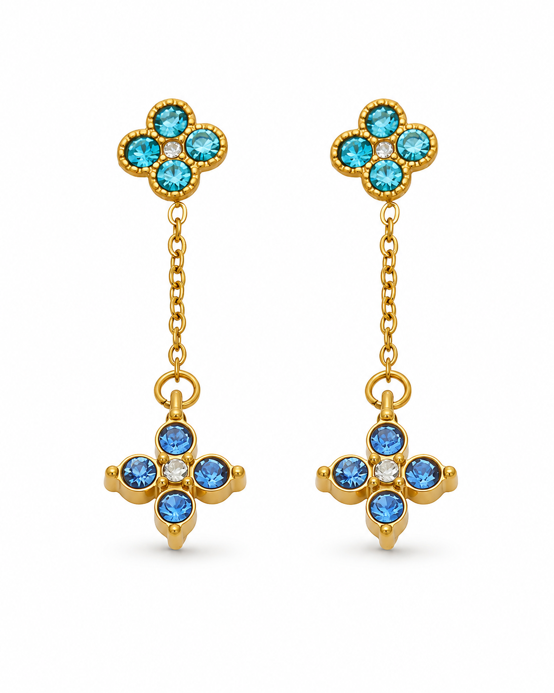 Blue / Gold Celeste Clover Drop Earrings