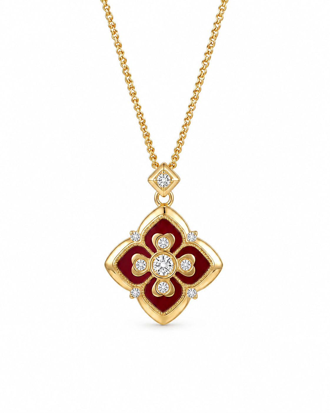 A Clover Pendant / Red Rosette Clover Necklace Series with eco-friendly copper finish: gold-plated