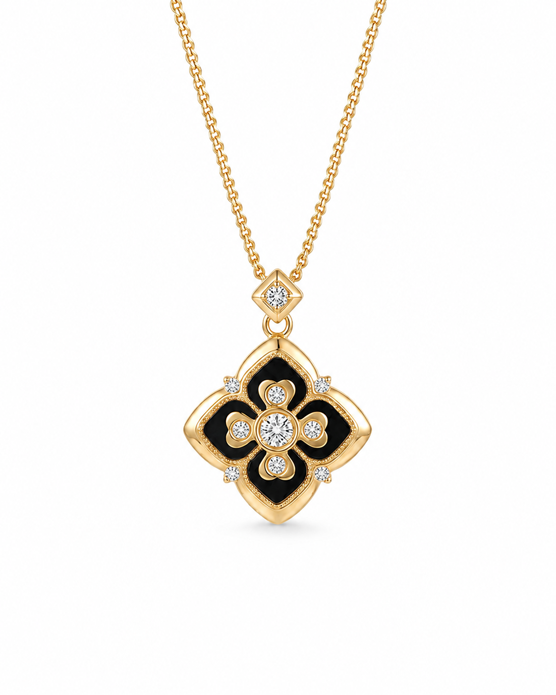 A Clover Pendant / Black Rosette Clover Necklace Series with eco-friendly copper finish: gold-plated