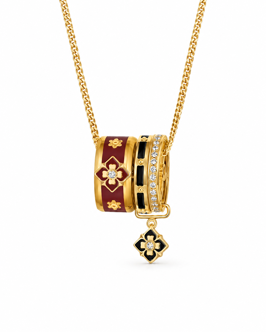Triple Ring Pendant / Red Rosette Clover Necklace Series with eco-friendly copper finish: gold-plated