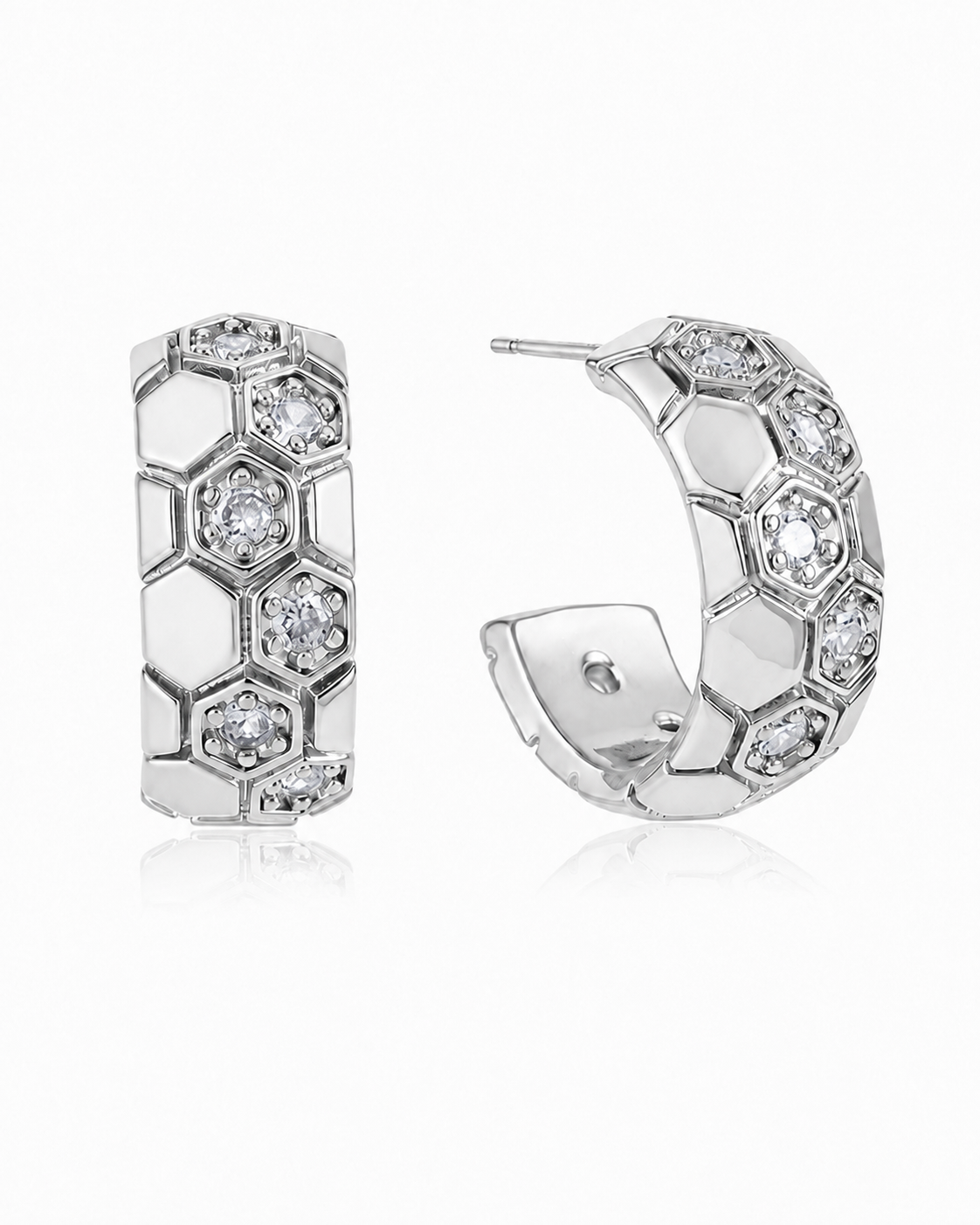 Silver Honeycomb Crystal Hoop Earrings