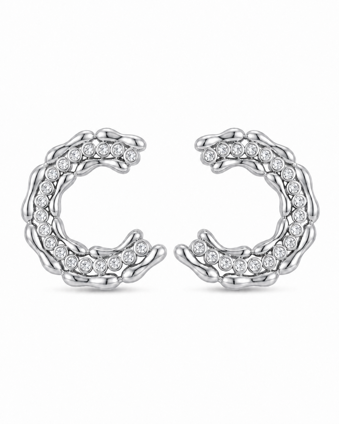 Silver Crescent Crystal Stud Earrings