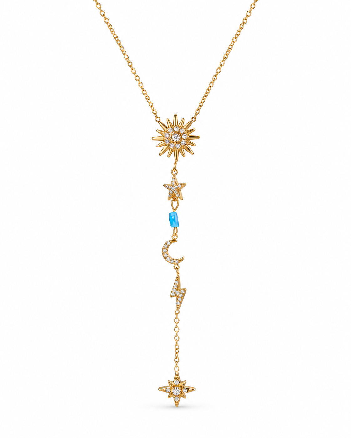 Celestial Y-Drop Necklace with stainless steel finish: 18k gold plated