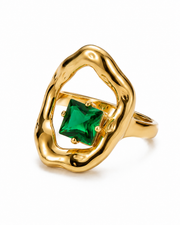 Green Sculpted Square Crystal Ring