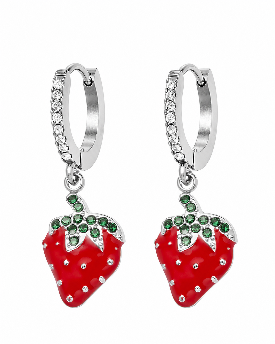Silver Strawberry Crystal Hoop Earrings
