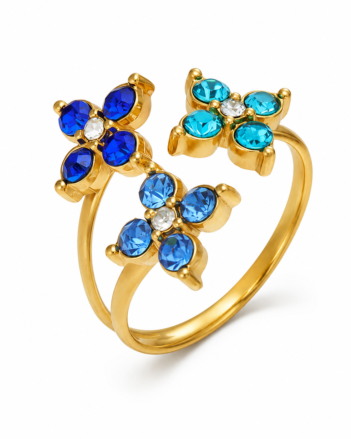 Ocean Blue Trio Bloom Crystal Ring