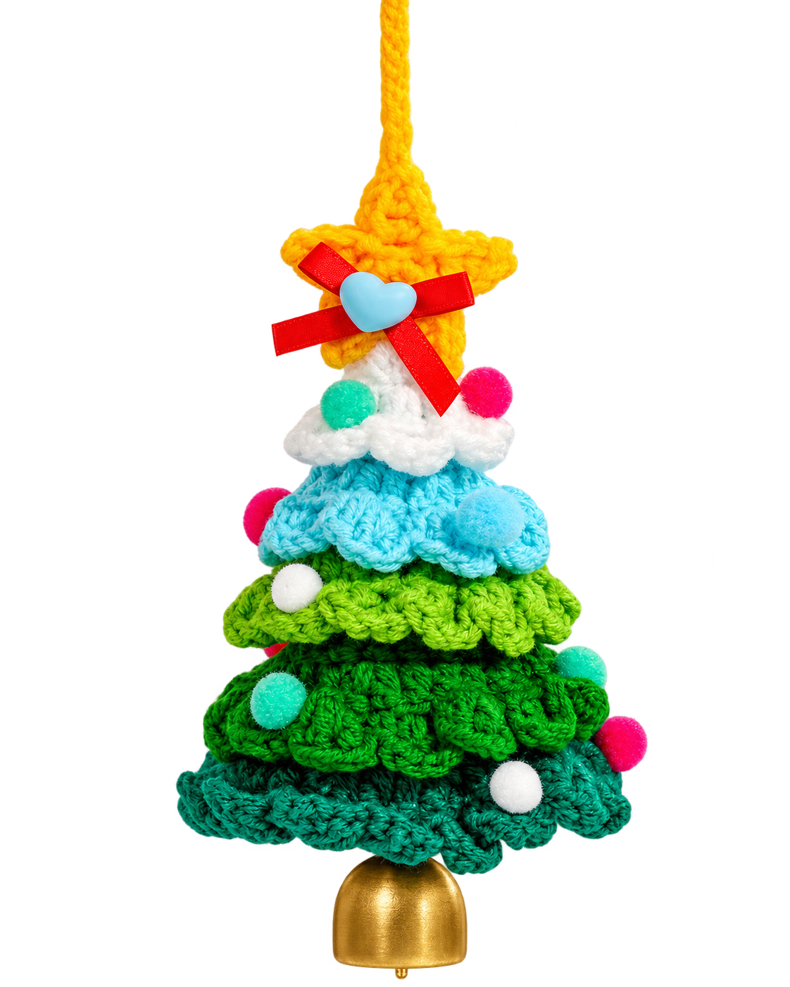 Hand-knitted Christmas tree charm with a star topper and dangling bell