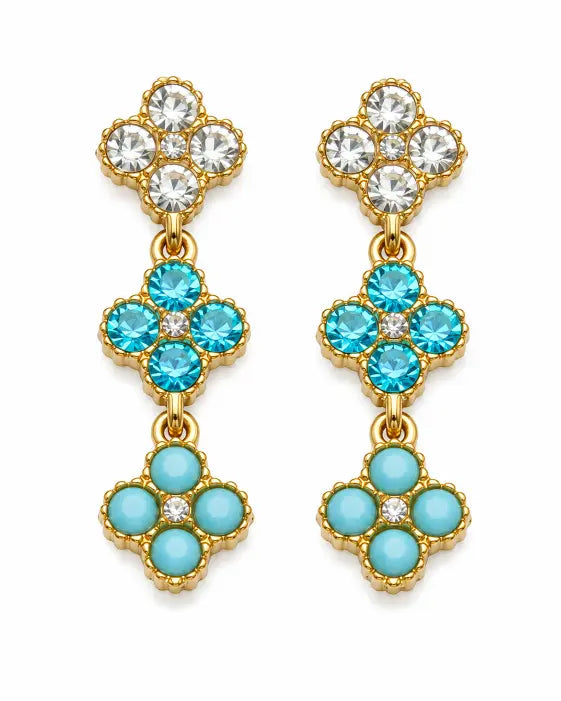 Aqua Bloom Crystal Clover Drop Earrings