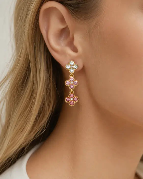 Rosé Bloom Crystal Clover Drop Earrings