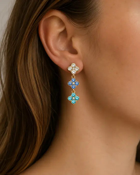 Azure Bloom Crystal Clover Drop Earrings