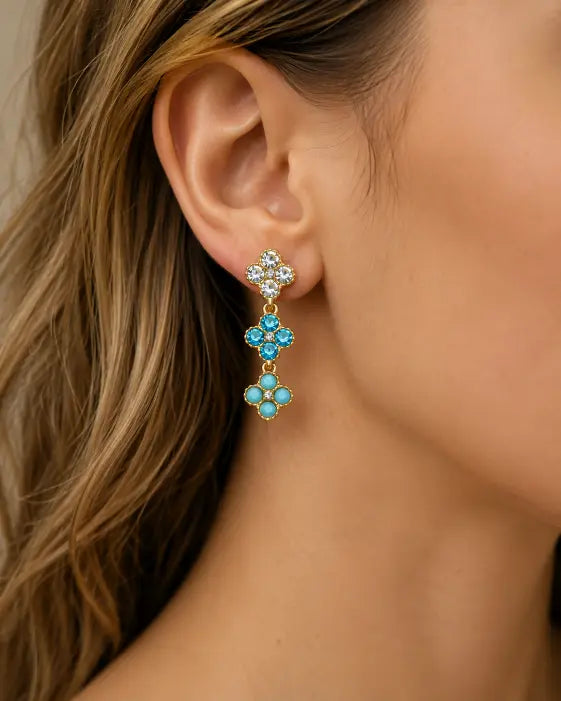 Aqua Bloom Crystal Clover Drop Earrings