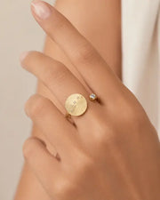 April Diamond Adjustable Birthstone Ring by ZodiGlow, gold silver clear ring, detail view