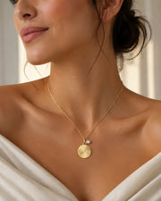 April White Zircon Birthstone & Aries Zodiac Necklace by ZodiGlow, zircon gold white necklace, detail view