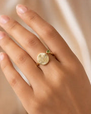 August Peridot Adjustable Birthstone Ring by ZodiGlow, peridot green gold ring, detail view
