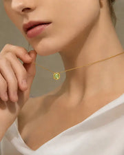 August Peridot Hexagon Necklace – Leo Birthstone Jewelry by ZodiGlow, peridot green gold necklace, detail view