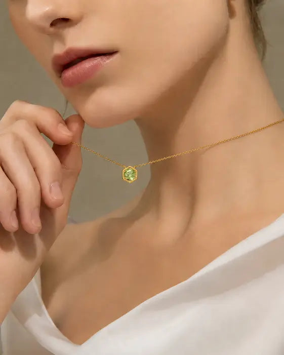August Peridot Hexagon Necklace – Leo Birthstone Jewelry by ZodiGlow, peridot green gold necklace, detail view