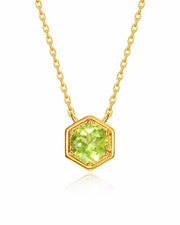 August Peridot Hexagon Necklace – Leo Birthstone Jewelry by ZodiGlow, peridot green gold necklace, main product view
