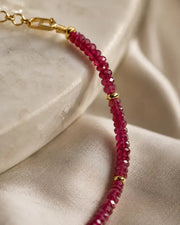 Created Ruby Beaded Choker Necklace by ZodiGlow, ruby gold red necklace, angle view