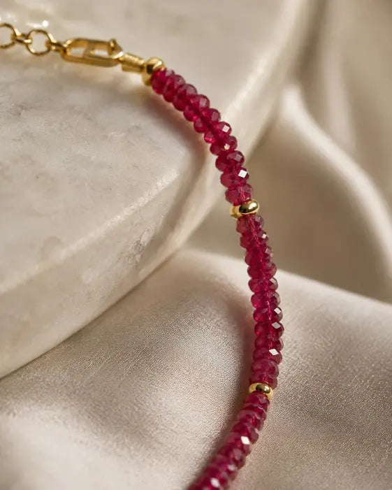 Created Ruby Beaded Choker Necklace by ZodiGlow, ruby gold red necklace, angle view