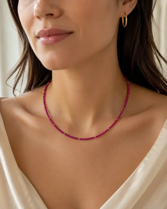 Created Ruby Beaded Choker Necklace by ZodiGlow, ruby gold red necklace, detail view