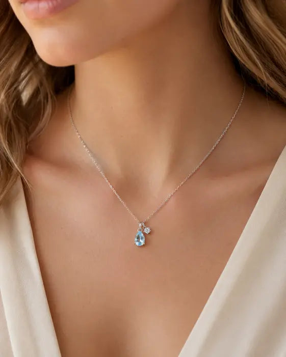 December Blue Topaz Birthstone Teardrop Necklace