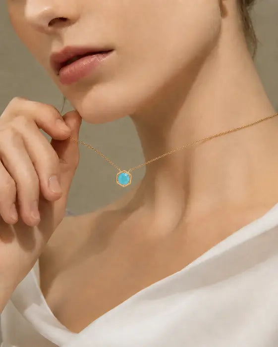 December Turquoise Hexagon Necklace – Sagittarius Birthstone Jewelry by ZodiGlow, blue green gold necklace, detail view