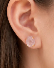 Blush Cloud Rose Quartz Stud Earrings by ZodiGlow, quartz pink rose earrings, angle view