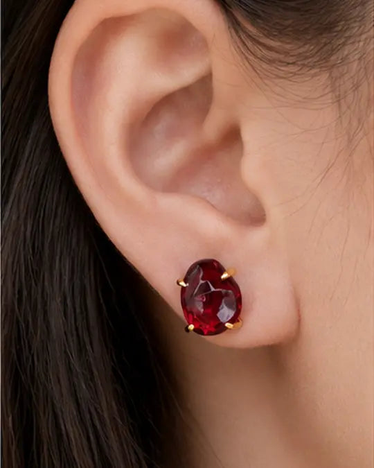 Ember Garnet Stud Earrings by ZodiGlow, garnet gold white earrings, detail view
