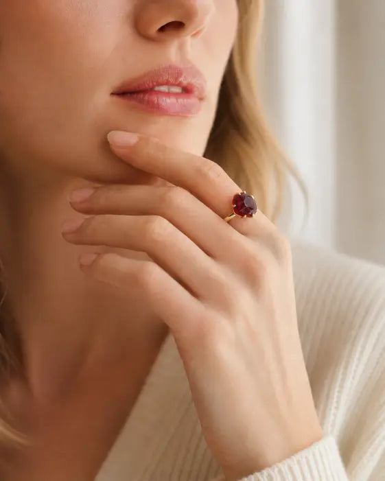 Ember Garnet Ring by ZodiGlow, garnet gold white ring, detail view