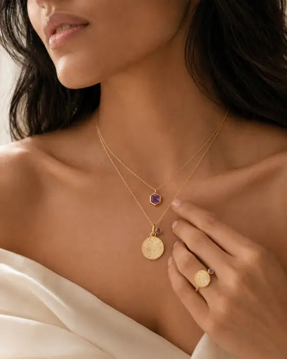 February Amethyst Adjustable Birthstone Ring by ZodiGlow, amethyst gold silver ring, angle view