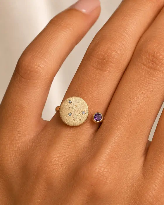 February Amethyst Adjustable Birthstone Ring by ZodiGlow, amethyst gold silver ring, detail view
