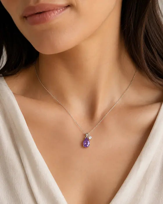 February Amethyst Birthstone Teardrop Necklace by ZodiGlow, amethyst purple birthstone necklace, angle view