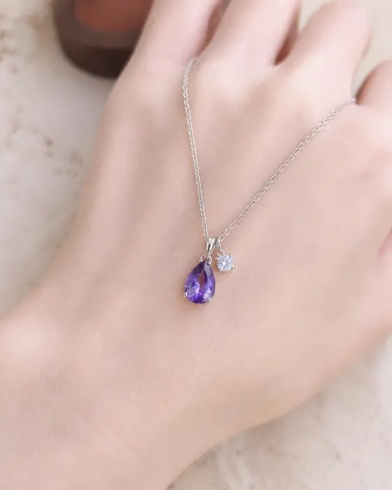 February Amethyst Birthstone Teardrop Necklace