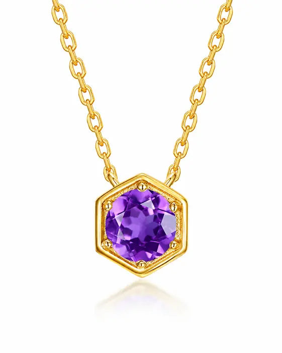 February Amethyst Hexagon Necklace – Aquarius Birthstone Jewelry by ZodiGlow, amethyst gold silver necklace, main product