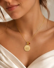 January Garnet Birthstone & Capricorn Zodiac Necklace by ZodiGlow, garnet gold red necklace, detail view