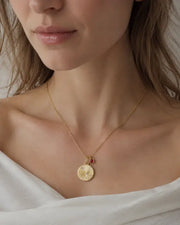 July Ruby Birthstone & Cancer Zodiac Necklace by ZodiGlow, ruby gold red necklace, detail view