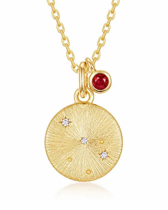 July Ruby Birthstone & Cancer Zodiac Necklace by ZodiGlow, ruby gold red necklace, main product view